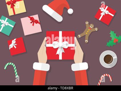 Santa Hände halten Geschenkbox mit weihnachtlichen Elementen. Vector Illustration Stock Vektor