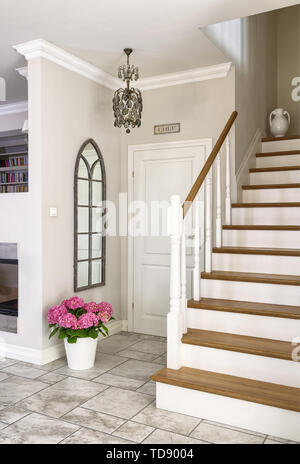 Pink Hydrangea in White Metal pot neben Treppe britische und irische RECHTE NUR Stockfoto