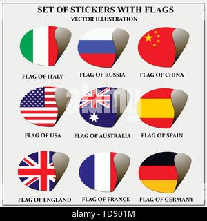 Helle Satz Aufkleber mit Fahnen. Bunte Illustrationen mit den Flaggen der Welt für Web Design. Vector Illustration Stock Vektor