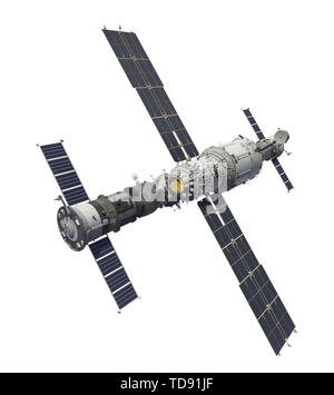 Raumfahrzeuge und Raumstation isoliert auf weißem Hintergrund. 3D-Darstellung. Stockfoto