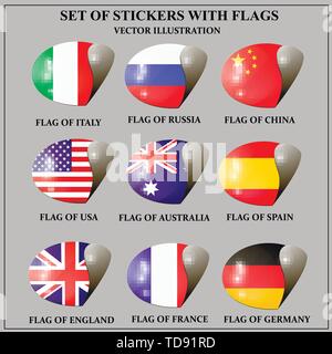 Helle Satz Aufkleber mit Fahnen. Bunte Illustrationen mit den Flaggen der Welt für Web Design. Vector Illustration Stock Vektor