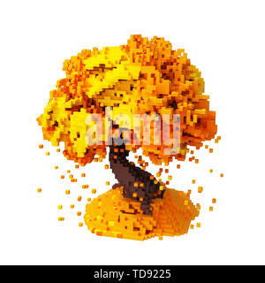 Digitale Pixelated fallende Blätter von einem Herbst Baum isoliert auf weißem Hintergrund. 3D-Darstellung. Stockfoto