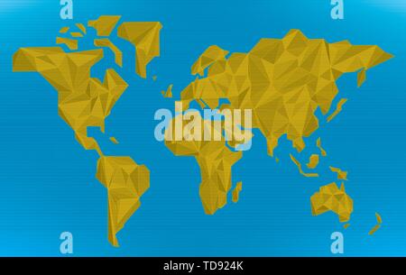 Vector Illustration. Zerknittertes Papier Weltkarte in Orange und Blau. Stock Vektor