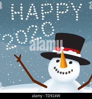 Vector Illustration. Happy Schneemann Weihnachten feiern, mit schneeball Text. Stock Vektor