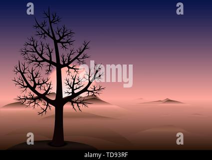 Einsamer Baum ohne Blätter auf dem Hügel. Sonnenuntergang. Köpfe der Berge durch den Nebel. Vector Hintergrund mit kopieren. Stock Vektor