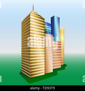 Gruppe von Objekten. Golden, Gelb und Blau hohe Wolkenkratzer. Grüne Gras mit blauen Himmel im Hintergrund. Stock Vektor