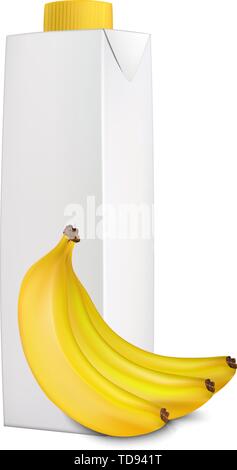 Banane Saft in Karton Tetra Pack und Bananen in der Nähe von Es isoliert auf weißem Hintergrund Stock Vektor