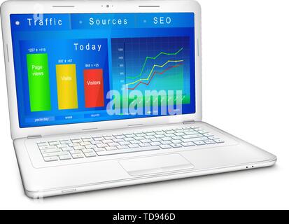 Web site Verkehr reporting Daten auf Notebook Bildschirm. Dashboard von Webmaster in blau design: analytische Grafiken und Diagramme. Drei Viertel. Vektor illustr Stock Vektor