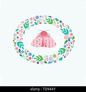 Hübsche Illustration eines rosa Schmetterling mit Blumen und Blätter Kranz umgeben. Ein Frühling oder Sommer vektor design ideal für Karte oder Spot Grafik Projekte. Stock Vektor