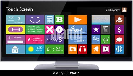 Breiter Touchscreen computer monitor mit Farbe u-Symbole auf dem Display. Vector Illustration auf weißem Hintergrund. Stock Vektor
