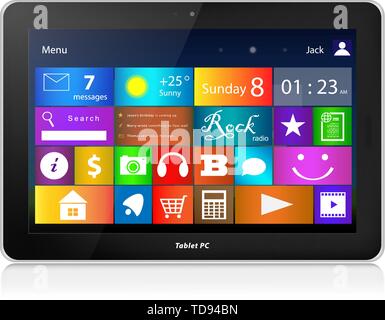 Schwarz Tablet Notebook mit U-Schnittstelle. Horizontale Ausrichtung des Bildschirms. Vector Illustration, auf weißem Hintergrund. Stock Vektor