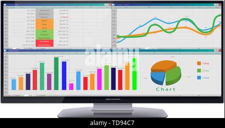 Ultra Wide Cinema HD-Monitor mit Tabellen und Grafiken auf dem Bildschirm auf weißem Hintergrund Stock Vektor