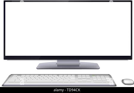 Moderne monoblock Desktop Computer mit leeren weißen wide screen Display, silber Wireless Maus und Tastatur. Vector Illustration, auf weissem Bac isoliert Stock Vektor