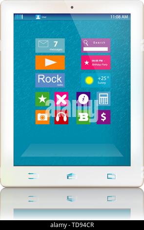 Weiß Tablet Computer mit farbige Symbole auf der Anzeige auf weißem Hintergrund Stock Vektor