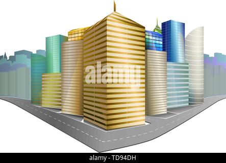 Vector Abbildung: Stadtteil: hohe Wolkenkratzer, Straße, blauer Himmel. Perspektive betrachten. Auf weissem Hintergrund. Stock Vektor