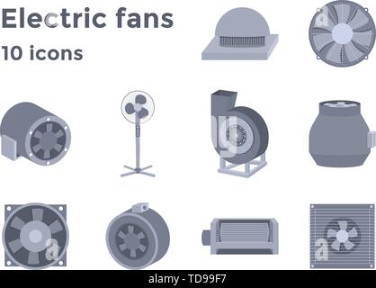 Elektrische Ventilatoren Symbole im flachen Stil festgelegt, lüftungsgeräte Vector Illustration Stock Vektor