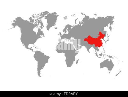 Die Karte von China ist in Rot auf der Weltkarte markiert. Vektor Stock Vektor