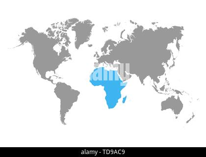 Die Karte von Afrika ist in blau auf der Weltkarte markiert. Vektor Stock Vektor