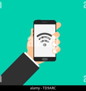 Telefon in der Hand. wi-fi-Zeichen auf dem Bildschirm Stock Vektor