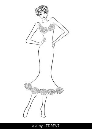 Zierliche Frau mit schlanker Figur in eleganten geblümten Kleid auf dem weißen Hintergrund isoliert, hand Zeichnung Vektor Kontur Stock Vektor