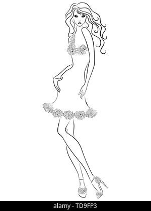 Ð¡schädigen Frau mit schlanker Figur in eleganten geblümten Kleid auf dem weißen Hintergrund isoliert, hand Zeichnung Vektor Kontur Stock Vektor