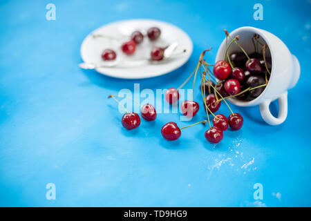 Weiße Tasse mit reife Beeren rot Sweet cherry und einige Beeren vor der Schale. Zusammensetzung auf einem blauen Hintergrund. red cherry Beeren in Stockfoto