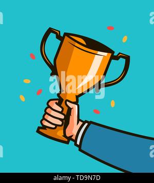 Männliche hand Sieger Cup. Trophy cup Vector Illustration Stock Vektor