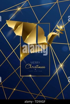 Frohe Weihnachten und guten Rutsch ins Neue Jahr Grußkarte Abbildung: 3D-bronze Urlaub Taube im Art-déco-Hintergrund. Stock Vektor