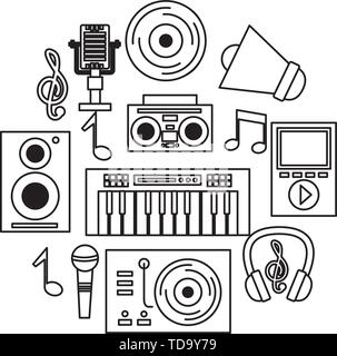 Plattenspieler Vinyl synthesizer Mikrofon mp3 Kopfhörer Musik Festival Stock Vektor