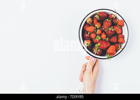 Weibliche hand Sieb frisch gepflückte Erdbeeren auf weißem Hintergrund mit Kopie Raum, Ansicht von oben. Stockfoto