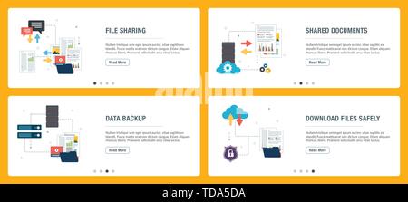 Banner mit Symbolen für Internet auf Websites oder App Vorlagen mit file sharing, die gemeinsame Nutzung von Dokumenten, Daten sichern und laden Sie Dateien sicher. Technologie Stock Vektor