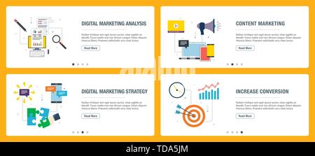 Web Banner Konzept in Vektor mit digitalen Marketing Analyse, Content Marketing, Strategie und Umsetzung. Internet Website Banner Konzept wi Stock Vektor