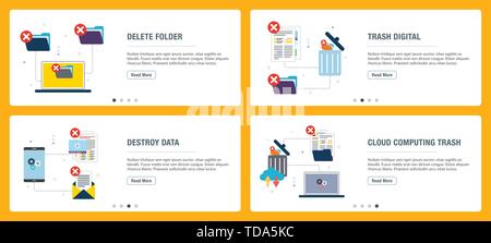 Vektor einrichten der vertikalen Web Banner mit Ordner löschen, Papierkorb Digital-, Daten- und cloud computing Papierkorb zerstören. Vektor banner Vorlage für Website und m Stock Vektor