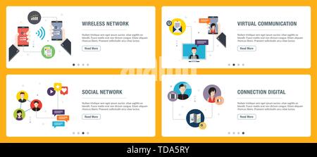 Vektor einrichten der vertikalen Web Banner mit wireless Netzwerk, virtuelle Kommunikation, soziales netzwerk, Anschluss digital. Vektor banner Vorlage für Websit Stock Vektor