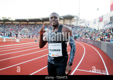 Oslo, Norwegen. 13. Juni, 2019. Chris Coleman der Vereinigten Staaten reagiert nach dem Gewinn der Männer 100 m während der iaaf Diamond League in Oslo, Norwegen, am 13. Juni 2019. Credit: Liang Youchang/Xinhua/Alamy leben Nachrichten Stockfoto