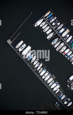 Berlin, Deutschland. 12 Juni, 2019. Boote in einem Verein liegen auf einem bootssteg am Wannsee, mit einer Drohne erfasst. Foto: Ralf Hirschberger/dpa-Zentralbild/ZB/dpa/Alamy leben Nachrichten Stockfoto