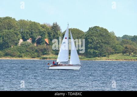 Schleswig, Deutschland. 09 Juni, 2019. 09.06.2019, die Schlei in Schleswig. Die ostseefjord, ein Ostsee Einlass mit brackigem Wasser gefüllt, ist ein beliebtes Segelrevier. Ein Segelboot auf dem Wasser, im Hintergrund sind Stexwig und Fahrdorf. | Verwendung der weltweiten Kredit: dpa/Alamy leben Nachrichten Stockfoto