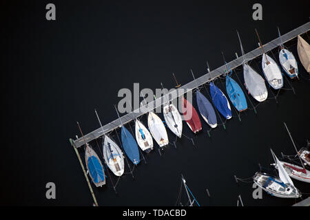 Berlin, Deutschland. 12 Juni, 2019. Boote in einem Verein liegen auf einem bootssteg am Wannsee, mit einer Drohne erfasst. Foto: Ralf Hirschberger/dpa-Zentralbild/ZB/dpa/Alamy leben Nachrichten Stockfoto