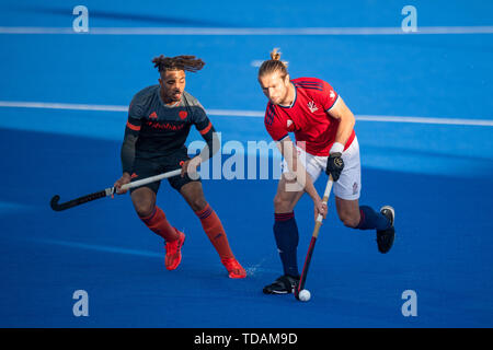 LONDON, VEREINIGTES KÖNIGREICH. 14 Jun, 2019. Während FIH-Pro League Match: Großbritannien vs Niederlande bei Lea Valley Hockey und Tennis Center am Freitag, 14. Juni 2019 in London, England. Credit: Taka G Wu/Alamy leben Nachrichten Stockfoto