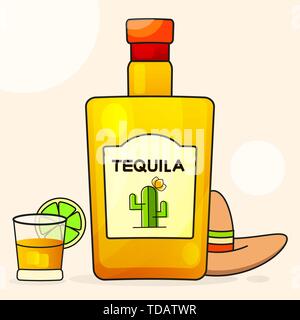 Mexikanischen Hintergrund mit einem phantastischen Flasche Tequila. Fancy Tequila Name hinzugefügt. Vorlage für die Grußkarte, Einladung oder Poster. Vektor Datei Eps 10. Stock Vektor