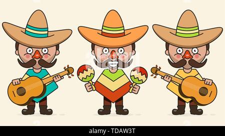 Mexikanischen Musikern Vector Illustration mit drei Männer mit Gitarren im nativen Kleidung und Sombrero flache Vector Illustration Stock Vektor