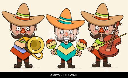 Mexikanischen Musikern Vector Illustration mit drei Männer mit Gitarren im nativen Kleidung und Sombrero flache Vector Illustration Stock Vektor