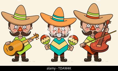 Mexikanischen Musikern Vector Illustration mit drei Männer mit Gitarren im nativen Kleidung und Sombrero flache Vector Illustration Stock Vektor