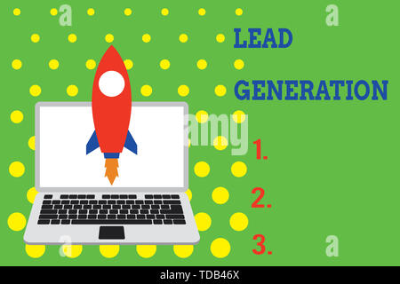 Handschrift text Lead Generation. Konzeptionelle foto Einleitung das Interesse der Verbraucher oder Anfrage in Produkte mit Raketen bis Laptop. Start Proje Stockfoto