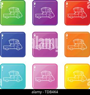 Limousine Auto mit Ladung Gepäck Icons Set 9 Colour Collection Stock Vektor
