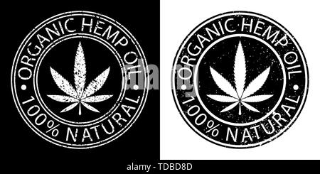 Marihuana blatt Kreis Logo. Bio Hanföl label. 100% Bio. Grunge Effekt Vector Illustration. Für web, Verpackung, Produkt, Logo, Grafik Design Stock Vektor