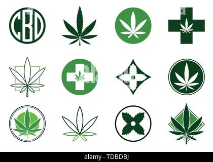 Marihuana, Cannabis Symbole gesetzt. Medizinischen und entspannenden Marihuana Logos und Symbole. Grün Marihuana Blatt. CBD-Logo. Isolierte Vector Illustration Stock Vektor