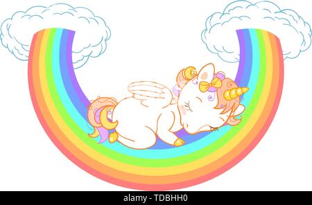 Cute Baby Unicorn schlafen auf der Regenbogen mit Wolken. Vector Illustration für Kinder Design. Stock Vektor