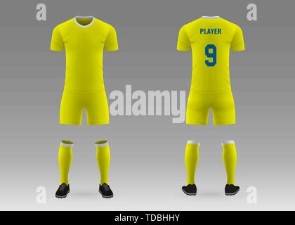 3D realistische Vorlage Fußball-Kit mit Trikot, Hose und Socken auf shop Kulisse. Mockup von Fußball Team einheitliche Stock Vektor
