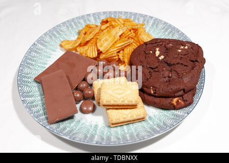 Platte aus Triple-Chocolate-Plätzchen, mit Schokolade überzogene Wabenkugeln, Crinkle Cut Crisps, Schokoriegel auf einer weißen Platte mit grell gestreifter Bekantung Stockfoto